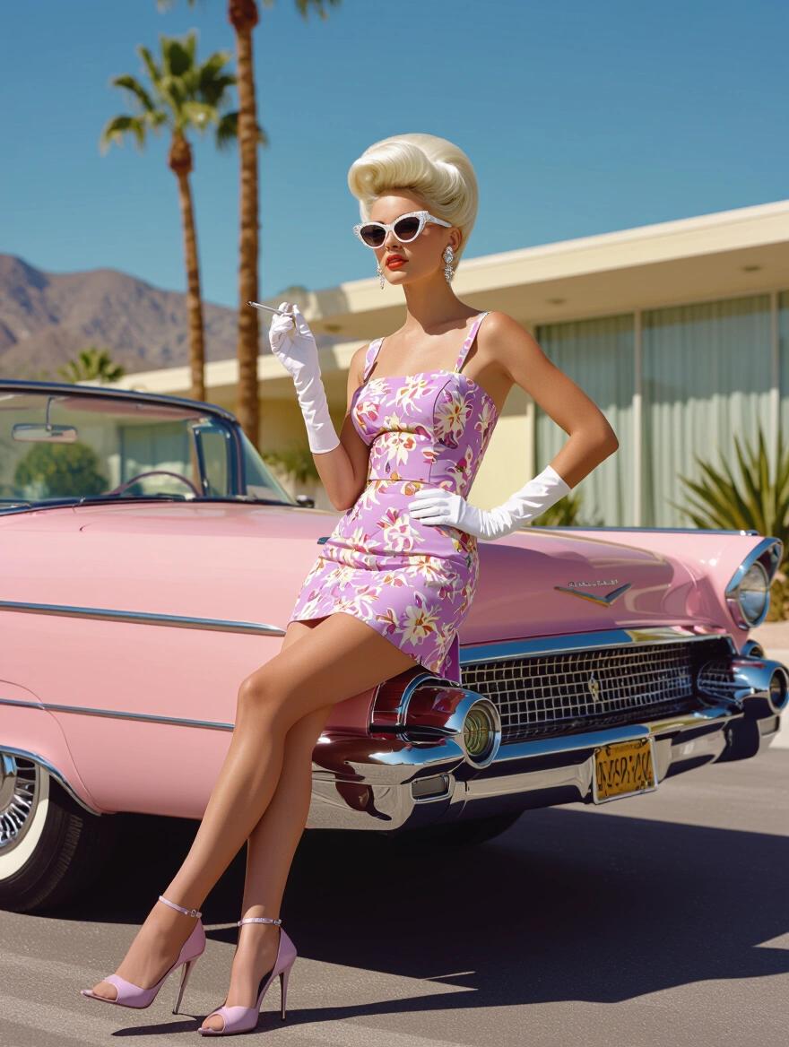 Show a woman with a beehive hairstyle in a lavender floral dress. She leans on a vintage convertible in Palm Springs. The scene contains vibrant colors and mid-century style.