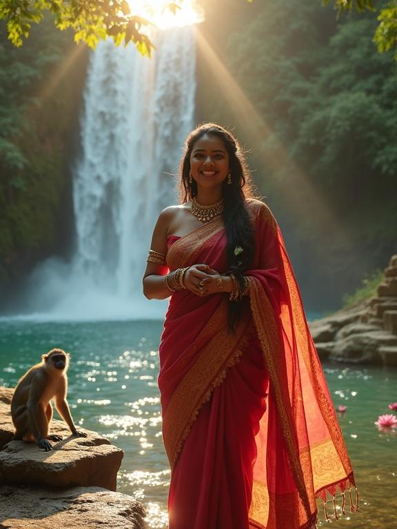 Voluptuous Indian woman stands before a waterfall wearing a crimson silk saree. Traditional jewelry adorns her. Sunlight casts beautiful patterns. Lush greenery and macaque monkeys in the backdrop.
