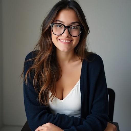 This image features a young white European woman. She has long wavy dark-blond hair. Her brown eyes are expressive. A calm smile enhances her friendly demeanor. The woman wears thick black-framed glasses. Underneath an open dark-blue sweater, she has a low-cut white blouse. Her posture is neutral and her hands rest on her lap. A photography studio setting is visible. A softbox light illuminates her from the front. The backdrop is neutral and unobtrusive.
