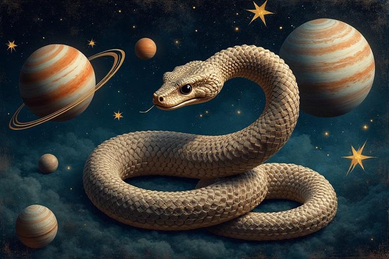 A snake is coiling around planets and stars. The scene represents a connection to space and celestial bodies. The snake is the central figure, surrounded by planets and stars in a dark cosmos setting.