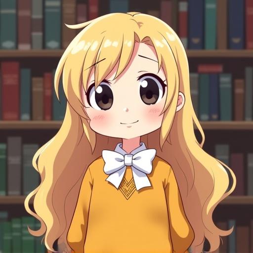 Anime girl with long wavy blonde hair and quirky ahoge. Wide black googly eyes and friendly smile. Wearing mustard yellow sweater and white bow tie. Standing in a library. Simple cartoon style with flat shading and clean lines. Wholesome expression and quirky posture. Soft indoor lighting.
