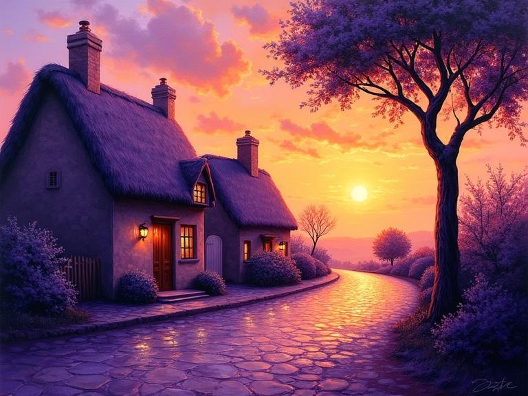 An oil painting of a serene village at sunset. Features a winding purple cobblestone path and quaint thatched-roof cottages. Warm golden light from the setting sun shines across the scene. The sky displays textured brushstrokes of orange, purple, and violet. A tall tree with a rounded canopy stands on the right side. Background trees add depth to the composition.