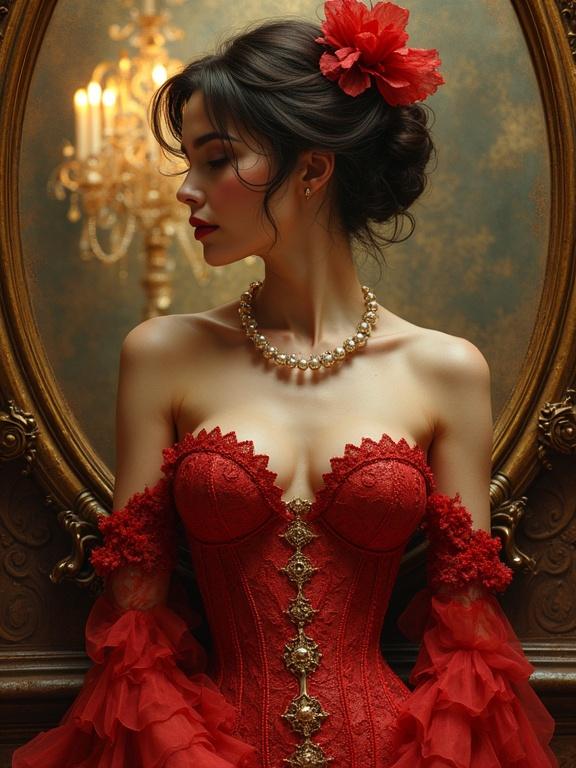 A brunette woman poses in a detailed red corset. Corset features ornamental designs and hints of weaponry. She has pearls around her neck and a flower in her hair. A vintage mirror reflects an unexpected image, enhancing the scene's intrigue.