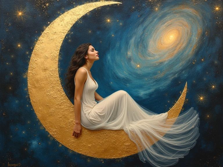 Delicate woman sitting on a crescent moon surrounded by a dynamic nebula background. The painting features highly textured dreamy effects with gold leaf highlights.