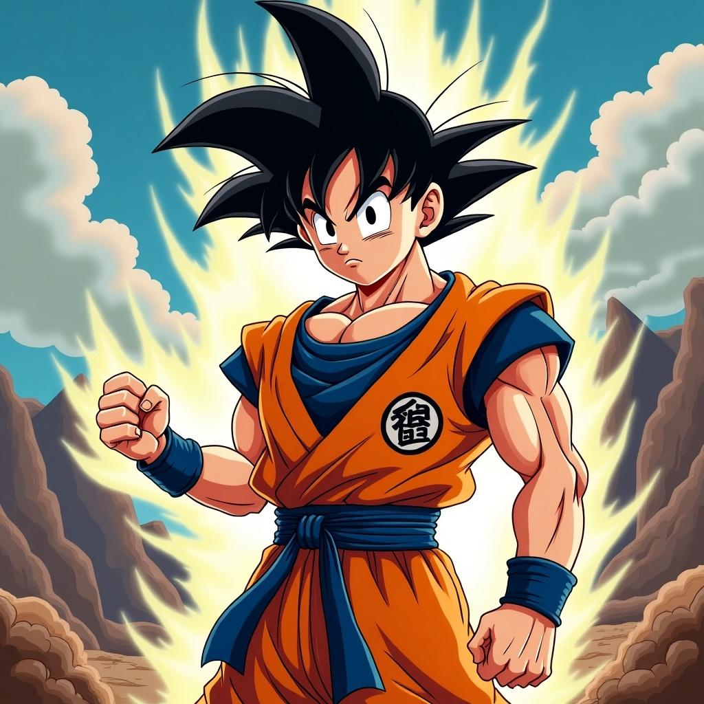 Illustration of Goku in Super Saiyan form wearing an orange gi with blue accents. Strong pose showcasing muscles and determination. Background features a dramatic sky with energy aura.