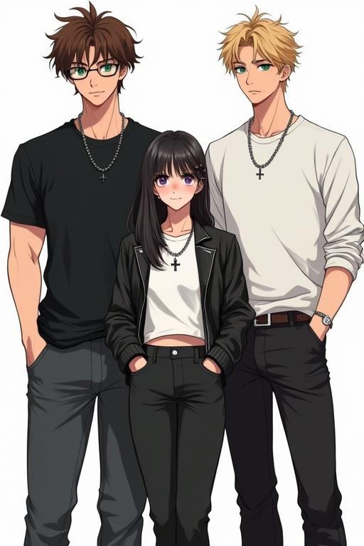 Anime illustration of three university students. Tall boy with brown hair and green eyes in a black shirt stands on the left. Girl in the center has black hair and purple eyes wearing a white crop t-shirt and leather jacket. Cute boy with blonde hair and blue eyes in a white shirt on the right. All characters are in full-body portrait in manhwa style.