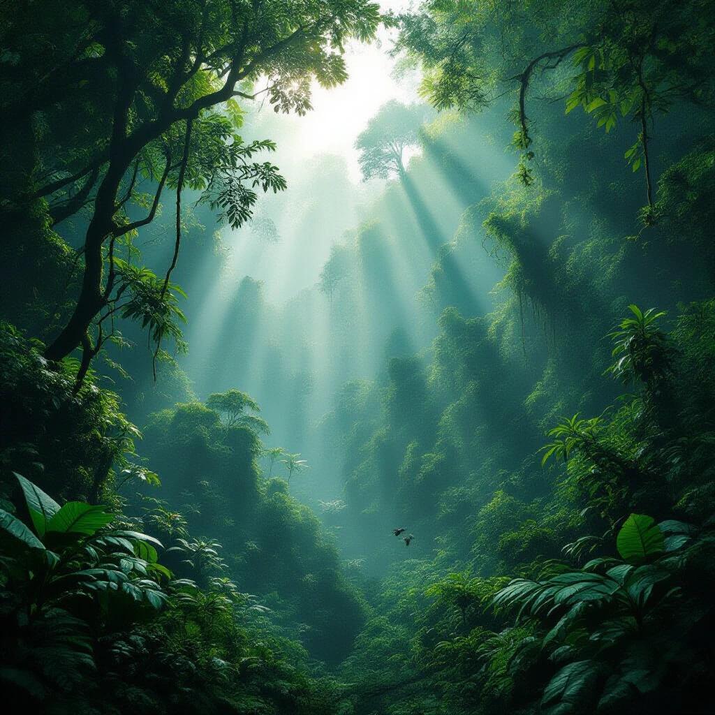 Lush rainforest full of wildlife with shafts of light breaking through the canopy. Atmosphere feels cinematic and hyper-realistic.