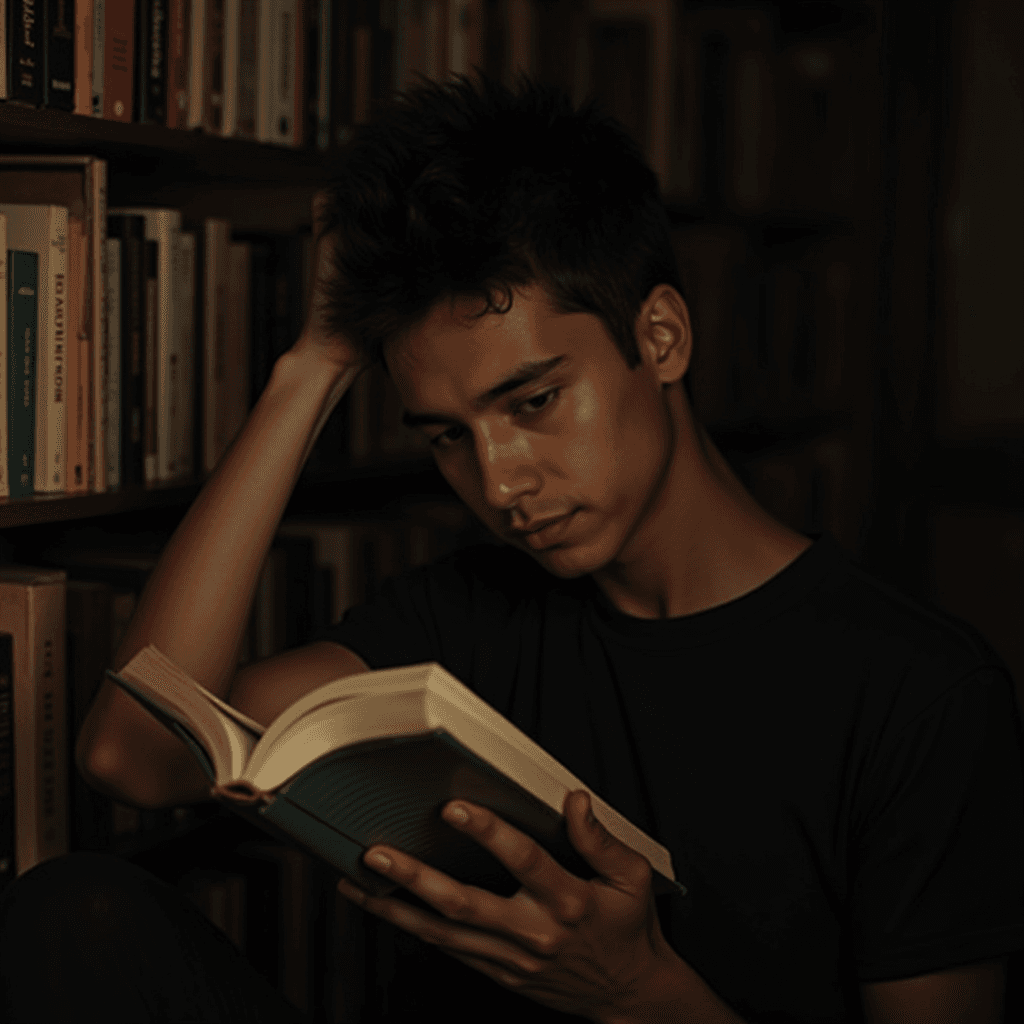 A young man sits in a library reading a book intently.