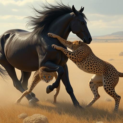 Realistic digital painting of two blue eyed cheetahs fighting a black horse. One cheetah under the horse inserts a dagger into the horse's body. The dynamic struggle shows muscled limbs locked in motion with claws extended and teeth bared. The scene captures raw power with detailed fur textures and expressive faces. Natural lighting highlights muscles and shadows. Soft-focus savanna background with warm golden light.