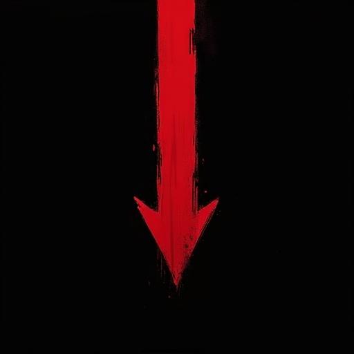 A large down arrow depicted in vibrant red resembling blood. The paint appears thick and textured. Brush strokes are visible adding to the raw look. The background is pure black for contrast. A minimal focus on the arrow without additional details.