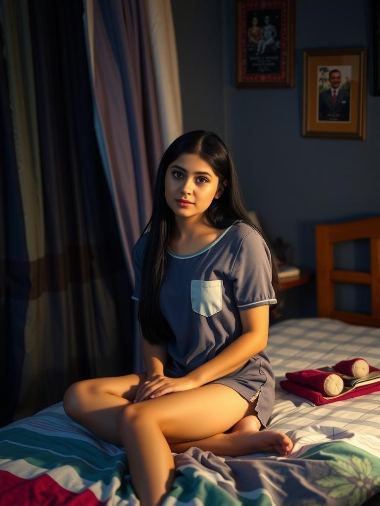 A young woman in casual attire sits on a bed in a warmly lit room, surrounded by framed pictures.