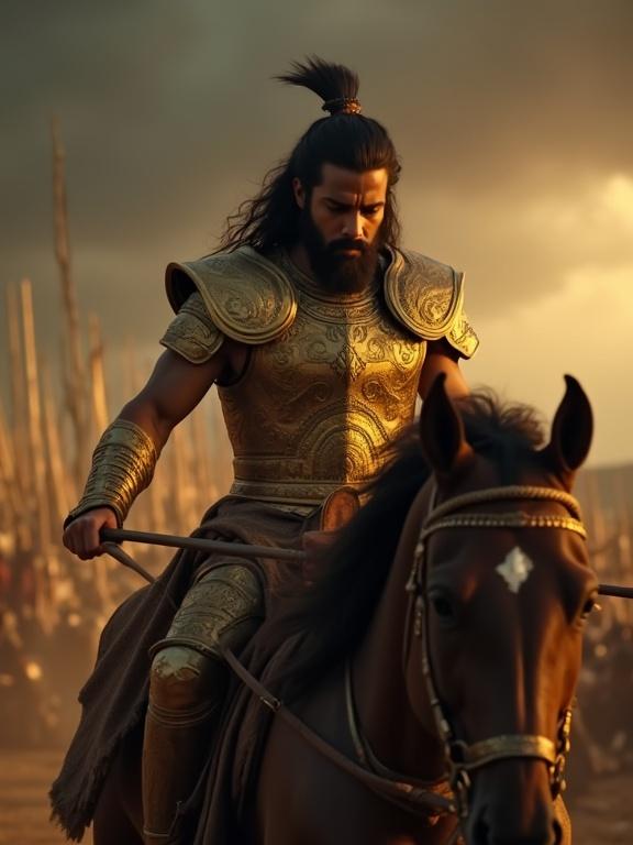 Noble warrior in golden armor rides chariot away from battlefield. Sorrowful face looks down holding back emotions. Divine armor glows faintly. Dark sky looms above. Epic mythological setting.