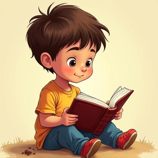 Cartoon illustration of a boy reading a book. Boy is young with brown hair and sitting on the ground. He wears an orange t-shirt and light blue pants. The background is simple and bright in color.