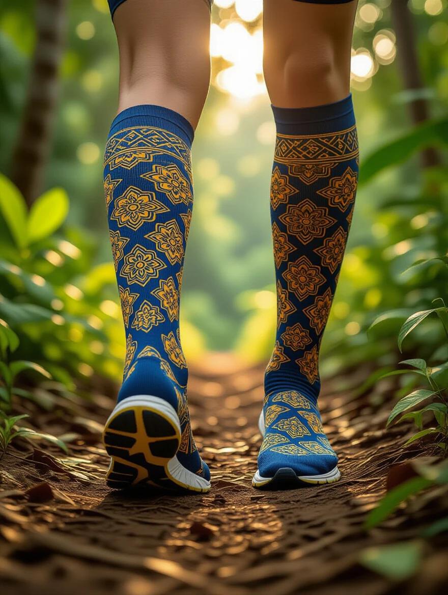 Dynamic trail running photograph showcasing compression socks featuring authentic Indonesian batik patterns. Rich indigo blues and warm golden browns dominate the design. Traditional Javanese motifs include intricate parang, delicate kawung, and flowing truntum designs. Individual wearing socks runs through tropical forest path at golden hour.
