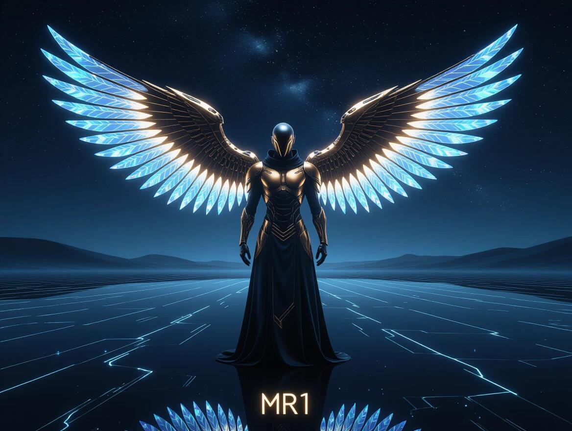 A hyper-realistic scene featuring a futuristic monk-like figure in an endless obsidian desert. The figure is synthetic, made of metallic and ceramic materials. Mechanical wings made of glowing feathers extend from its back. The figure wears a flowing robe with kinetic fabric. Surrounding elements include distant stars and alien monoliths. The atmosphere is cold and cinematic, with deep contrasts.