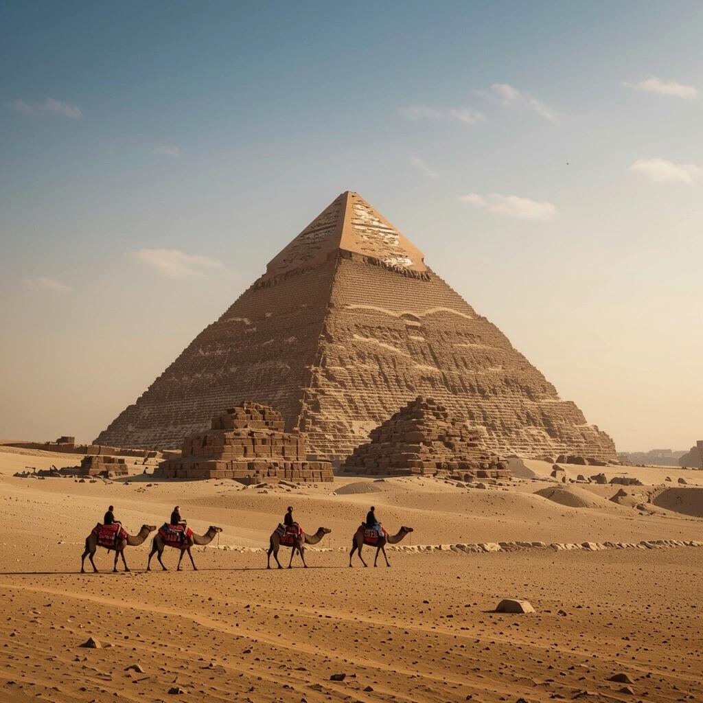 Realistic photo of Giza pyramid with camels in foreground. Clear blue sky and golden desert setting. Highlight ancient architectural marvels and tourism.