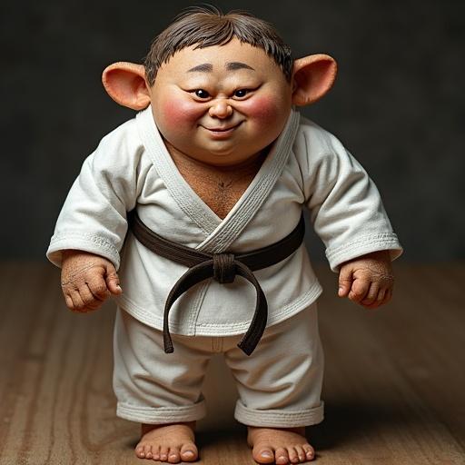 A log fashioned into a character wears judo clothing. The character stands upright with defined hands and feet. The setting is a soft-lit wooden surface.