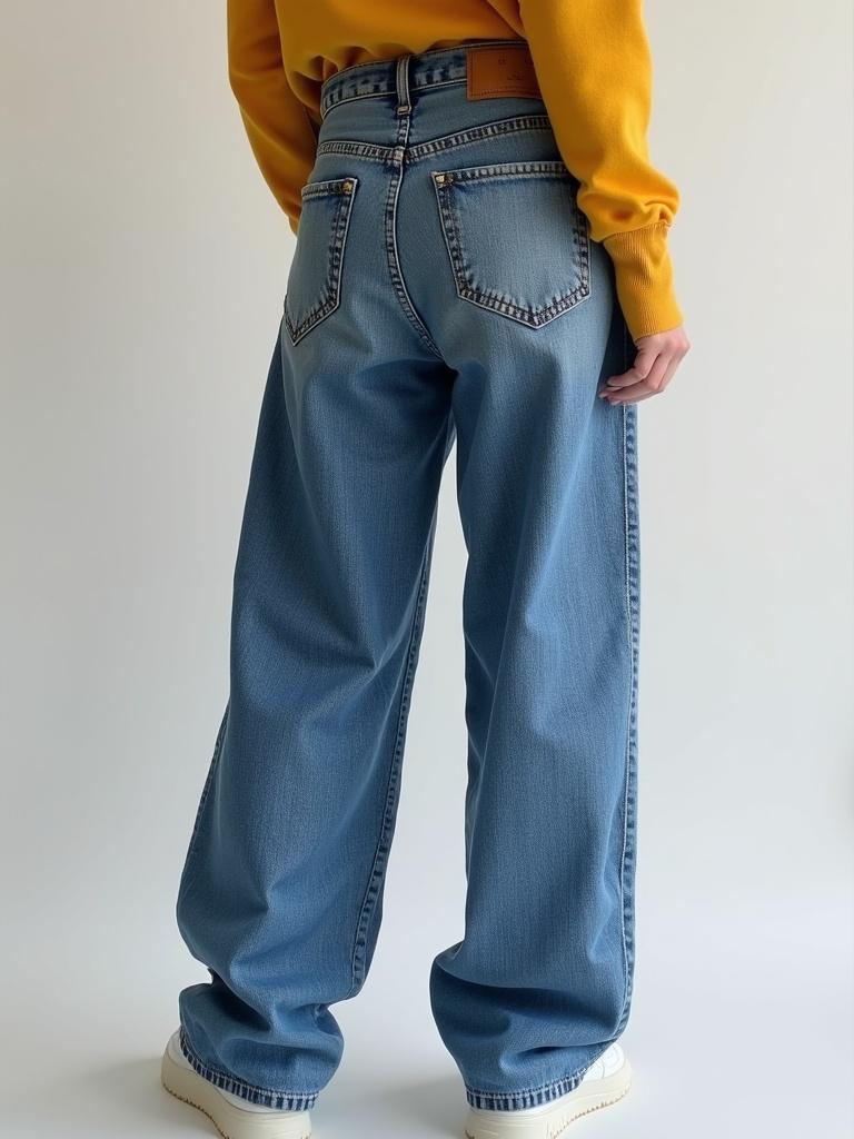 Model wearing baggy jeans with a yellow sweatshirt. The jeans are light blue denim. The focus is on the back view. Ideal for showcasing casual fashion styles.