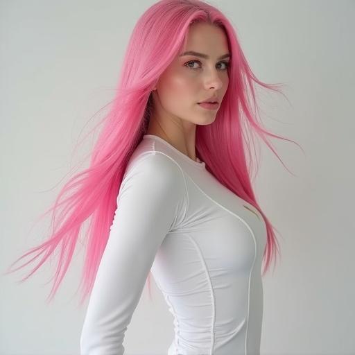 Woman has long pink hair and red eyes. She wears a tight white suit. She looks over her shoulder. Hair waves in the air behind her.