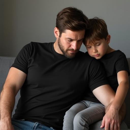 A father sits with his son in a home setting. The father wears a basic black t-shirt. The son is sleeping comfortably in a casual outfit. This scene represents family connection and relaxed moments together.