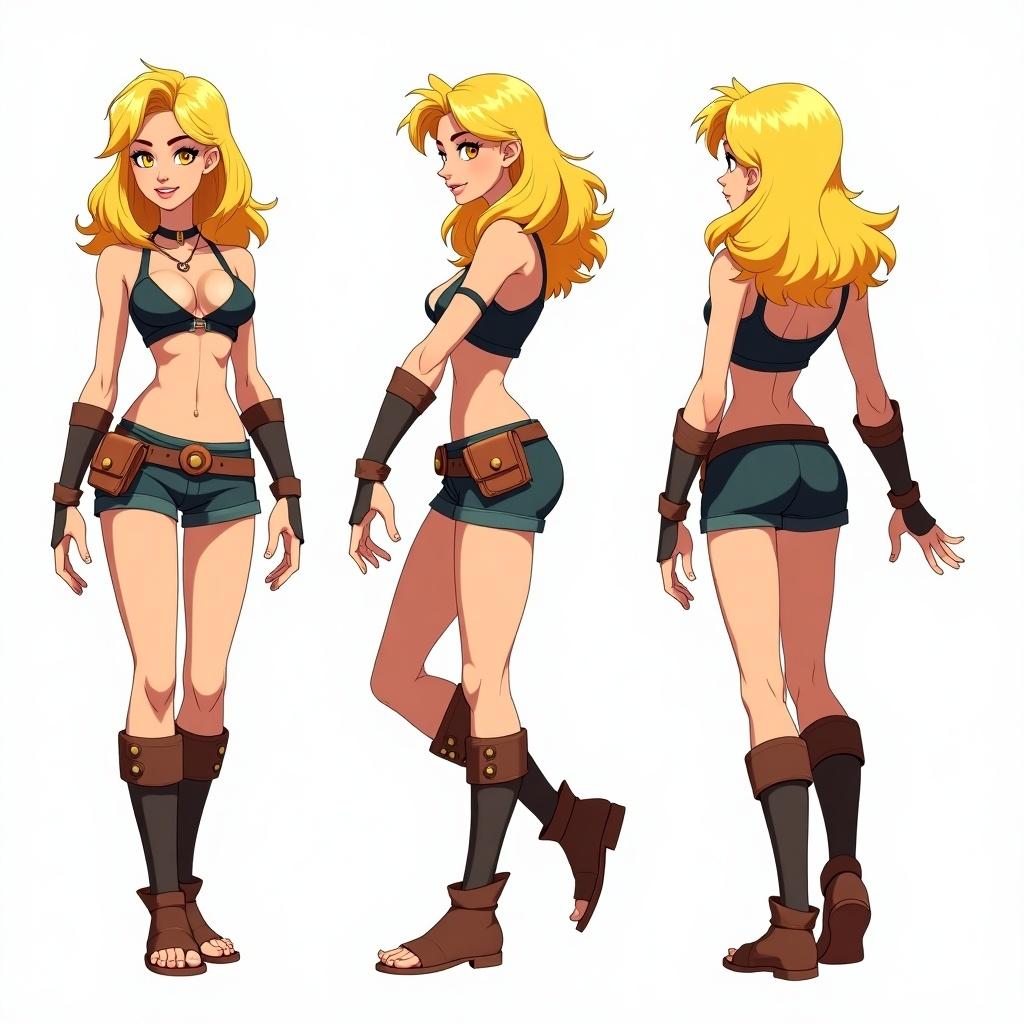 Depiction of an animated female character. Designed for a fantasy setting. Long shoulder length yellow hair. Orange eyes and average build. Wearing fantasy adventure clothing. Various accessories including a belt pouch. Multiple views showcase physique and outfit. Character exudes strength and agility.