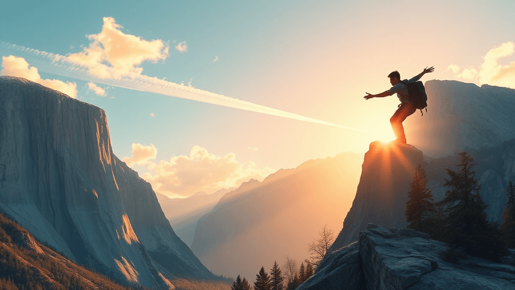 A lone adventurer stands triumphantly on a mountain peak at sunset, silhouetted against a vibrant sky.