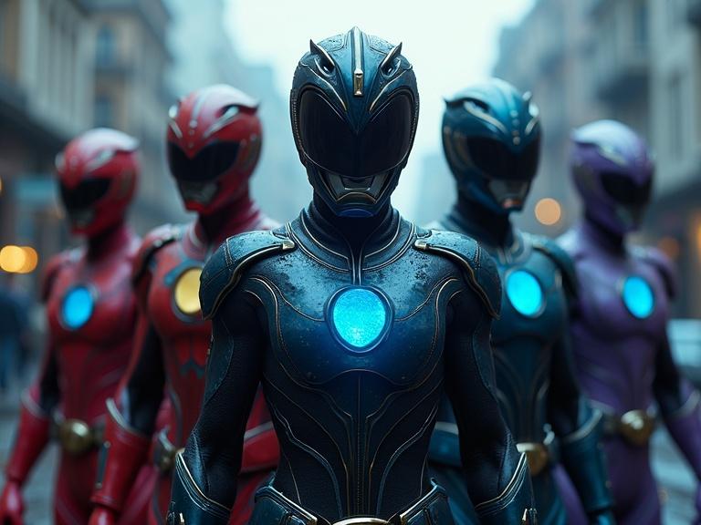 Dark cinematic scene featuring five young Power Rangers in an urban setting. The rangers wear sleek alien armor with glowing chest lights. Their poses are dynamic, showing confidence. The background depicts a cloudy town street with a moody atmosphere.