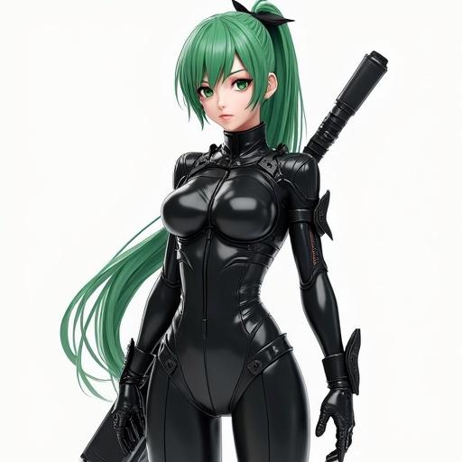 3D anime style female assassin in black leather battle suit. Character has green hair styled in a ponytail. Portrayed in a full body A-pose.