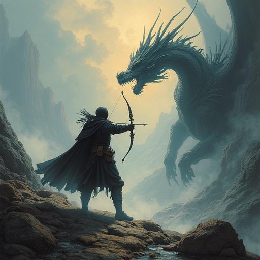 Heroic archer poised to fight an imposing dragon in a dramatic landscape. Imagery filled with epic and atmospheric details featuring mountains and mist. Dark fantasy elements integrated naturally with subdued tones and soft, impressionistic brushwork. Overall mood conveys tension and drama with an ethereal quality.