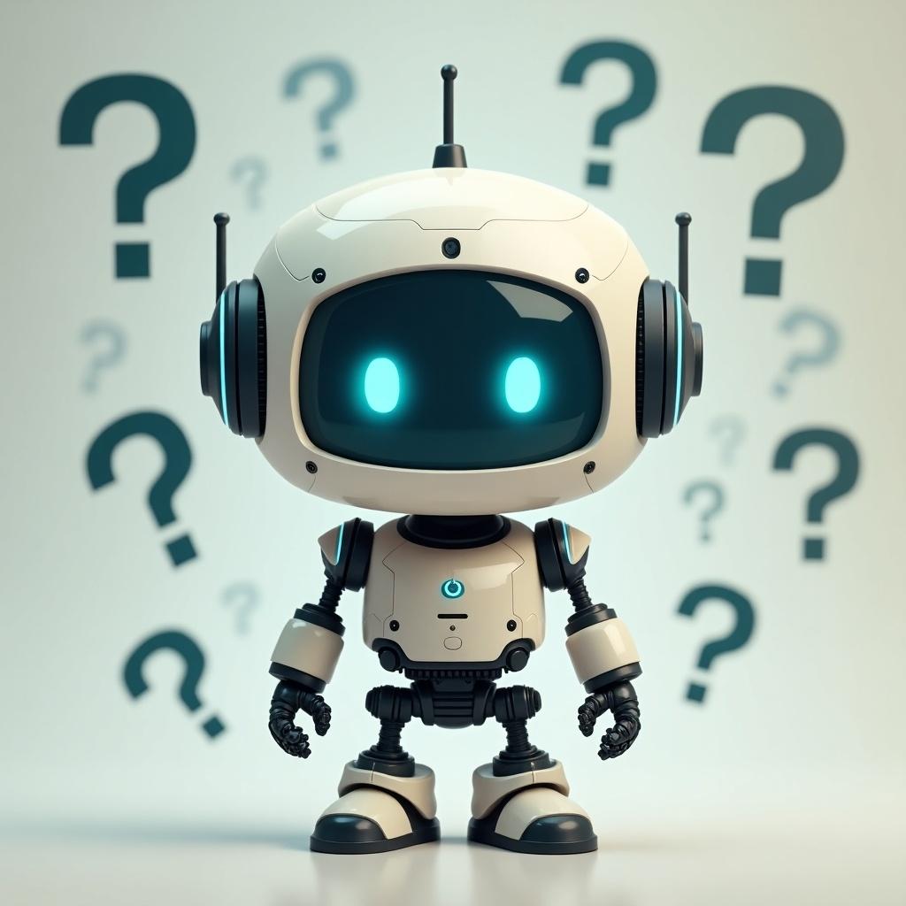 A cute robot with a rounded head. Glowing blue eyes. Surrounded by question marks.