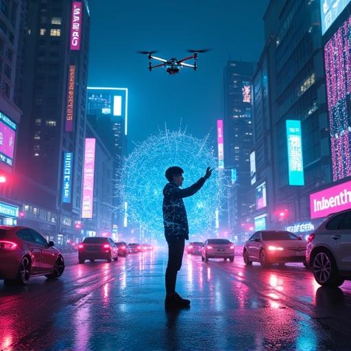 Hyper-futuristic cyber cityscape at night. Neon-lit drones fly through the sky. Holographic billboards show AI analytics. Sleek autonomous vehicles on glowing roads. Young tech innovator controls hologram of neural network. Face illuminated by data streams. Bright electric colors contrast dark streets. Cinematic lighting enhances tech themes.