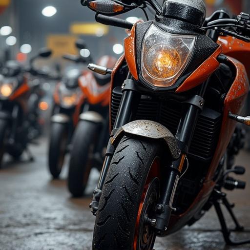 Close-up of a motorcycle in a nighttime setting. Focus on the motorcycle's features like the headlight and tire. Water spots and reflections indicate it just rained. Dim and focused lighting enhances details.