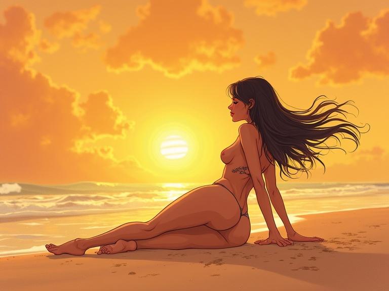 Naked cartoon woman sunbathing on the beach with her legs making angels in the sand. The background shows a vibrant sunset.