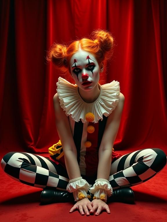 Theatrical surreal portrait of a red-haired circus clown girl under spotlight on a crimson stage. Young woman sits slouched in exaggerated front split pose. She stares intensely at the viewer with expressive eyes. Flaming orange-red hair styled in messy twin buns. Porcelain skin with heavy clown makeup: exaggerated black-lined eyes, smeared red blush, overdrawn cherry lips. Harlequin-inspired costume with vertical black-and-white stripes and diamond-checkered pattern. Ruffled white cuffs and large pleated collar. Yellow pom-pom buttons complete the look. Blood-red velvet curtain creates moody atmosphere. Shot with dramatic stage lighting and deep shadows.