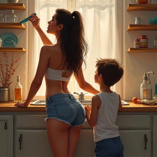 Beautiful woman cleaning a shelf while standing on her toes. She's wearing tight shorts and a crop top. Her son is standing behind her supporting her to prevent a fall. Scene shows a bright kitchen with decorative shelves and natural light.