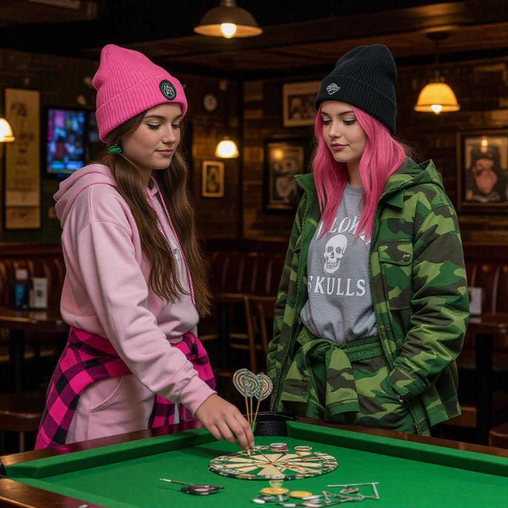 Brianna and Brandy at a pub engaged in playing darts. Both are wearing stylish outfits that reflect a casual yet trendy aesthetic. Brianna has long dark blonde hair in a ponytail with a pink beanie, and Brandy has pink hair wearing a black beanie. The atmosphere is inviting and relaxed.