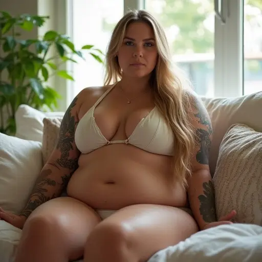 Cute chubby girl wearing a bikini sits on a couch. She has long blonde hair and tattoos. Cushions and a plant are nearby. Natural light comes from large windows, creating a bright atmosphere.
