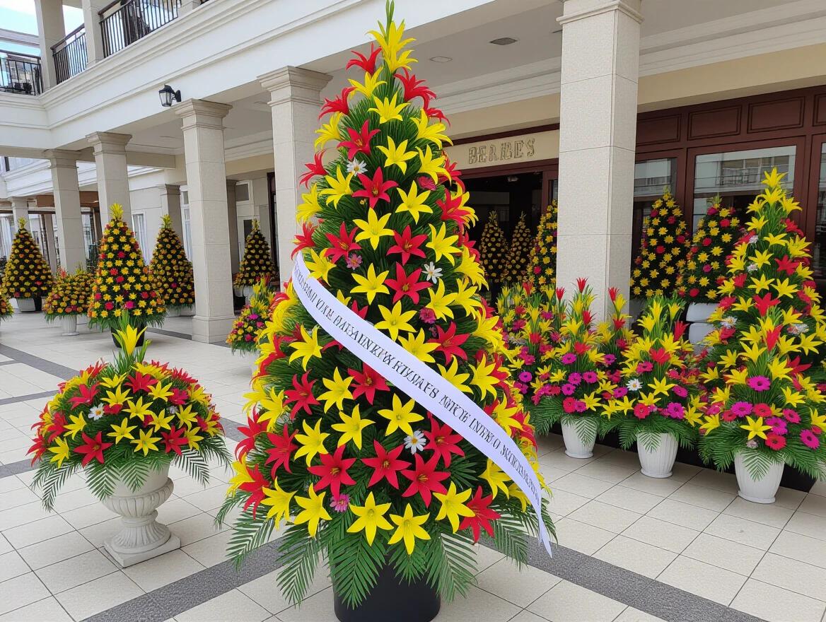 A display of bright colored floral arrangements resembling Christmas trees. The flowers are primarily red and yellow, with greenery accentuating the design. The background shows a well-lit corridor with multiple arrangements placed in a decorative manner.