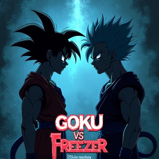 Cover artwork illustrating Goku and Freezer confronting each other in dark silhouettes. Goku has spiky black hair and wears a martial arts gi, while Freezer is in his final form with smooth skin and a long tail. Background is dark with gritty textures and neon tones. The song title is stylized in a bold Japanese font at the bottom.