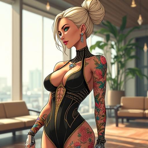 Anime character concept featuring an attractive woman in futuristic business attire. She has emerald green eyes and a light blonde French bun. She is adorned with light pink diamond jewelry. The scene is set in a modern luxury lounge with a contemporary aesthetic. The character’s body features colorful traditional Japanese tattoos, and she has a cybernetic right leg. The image portrays confidence and elegance in a vibrant setting.