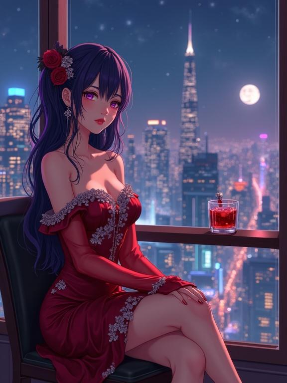 Elegant woman sits gracefully in upscale lounge. She wears luxurious off-shoulder red gown with silver floral embroidery. Long violet hair adorned with traditional kanzashi pins. A deep wine-red cocktail sits nearby. Breathtaking city skyline visible through window with a full moon. The image features anime-inspired details and cinematic lighting.