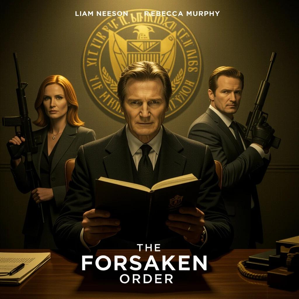 A movie poster for a suspenseful film titled THE FORSAKEN ORDER featuring Liam Neeson reading a dossier. Behind him are two armed figures with weapons. The setting is a tense intelligence chamber with shadows and a warm spotlight. Title appears prominently at the bottom.