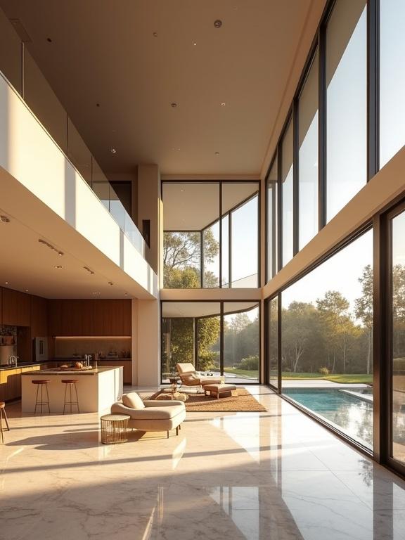 Showcase an ultra-luxurious modern villa interior with double-height ceilings. Highlight an open-plan layout with floor-to-ceiling glass walls. Focus on elegant marble flooring and bespoke furniture. Include sculptural lighting and rich textures in neutral tones. Capture soft golden hour light creating a warm ambiance. Ideal for a refined and contemporary aesthetic suitable for Instagram.