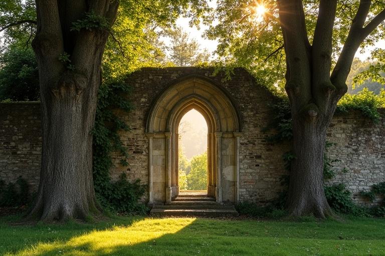 Ruined wall comprises a Romanesque arch without glass. Large box trees flank the wall. Vines and moss give an overgrown appearance. Golden sunlight shines on the scene during the evening. Sparse vegetation appears on the ground with sunlit patches.