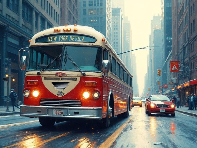 A vintage bus labeled 'NEW YORK DEVILCA' drives through a bustling New York City street. The atmosphere is nostalgic, reminiscent of holiday travel. The composition features a blend of watercolor and alcohol ink textures, with blue, gold, and red tones dominating the scene. White splashes create an ethereal feel. The setting captures the essence of a New York state of mind.