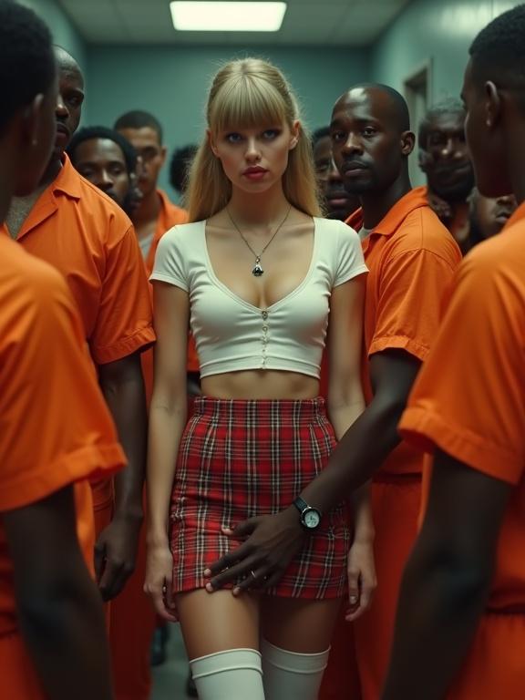 Music video scene in a prison. A woman in a tight cropped white shirt, short plaid skirt, and thigh high stockings is surrounded by men in orange jumpsuits. She looks scared and is holding a humorous sign. The scene captures tension and high fashion in a unique setting.