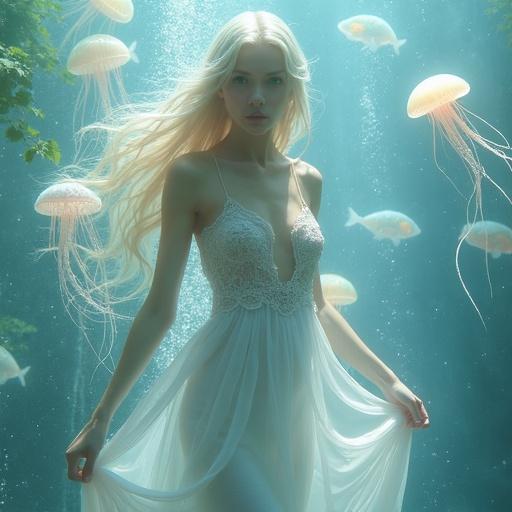 A mystical mermaid in a flowing white gown glides through crystal clear waters. Her gaze is locked on the viewer. She's surrounded by jellyfish and playful fish. The scene is dreamlike, where reality and fantasy blur. An otherworldly mist shimmers, creating an enchanting atmosphere.
