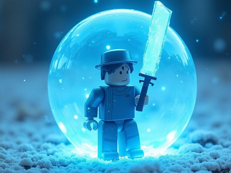 Thumbnailed image for an ARPG game. Roblox character stands within a light blue transparent defense sphere. Character holds a glowing ice katana sword.