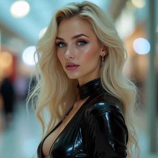 Otherworldly blonde woman shopping in a Dubai mall. She has ice blue eyes almost glowing. Wearing a black latex jumpsuit. Hair wavy and curled like at a high-end salon. Striking almond-shaped eyes with shimmering silver-blue irises. Intense gaze framed by long lashes and arched brows. Full glistening lips with a pronounced cupid’s bow. Sharp jawline and slender neck with pronounced collarbones. High sculpted cheekbones. Flawless skin with a radiant sheen. Long, flowing hair like liquid obsidian with iridescent highlights.