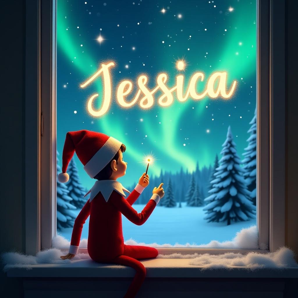 The image depicts an elf on the shelf, sitting with his back to the viewer. He faces a window under a magical night sky filled with northern lights. Using a wand, he creates the name ‘Jessica' in sparkling letters across the sky. The background showcases a serene winter scene with snow-covered trees, evoking a festive atmosphere. The elf is engaged in a special moment, making it a heartwarming holiday portrayal.